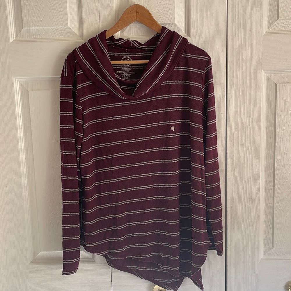 MAURICE NWT maroon with grey striped asymmetrical shirt size large